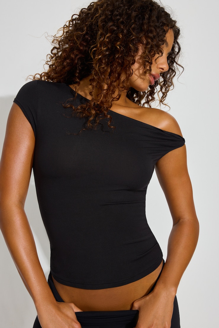Asymmetric Twisted Short Sleeve Top Black - Image 2